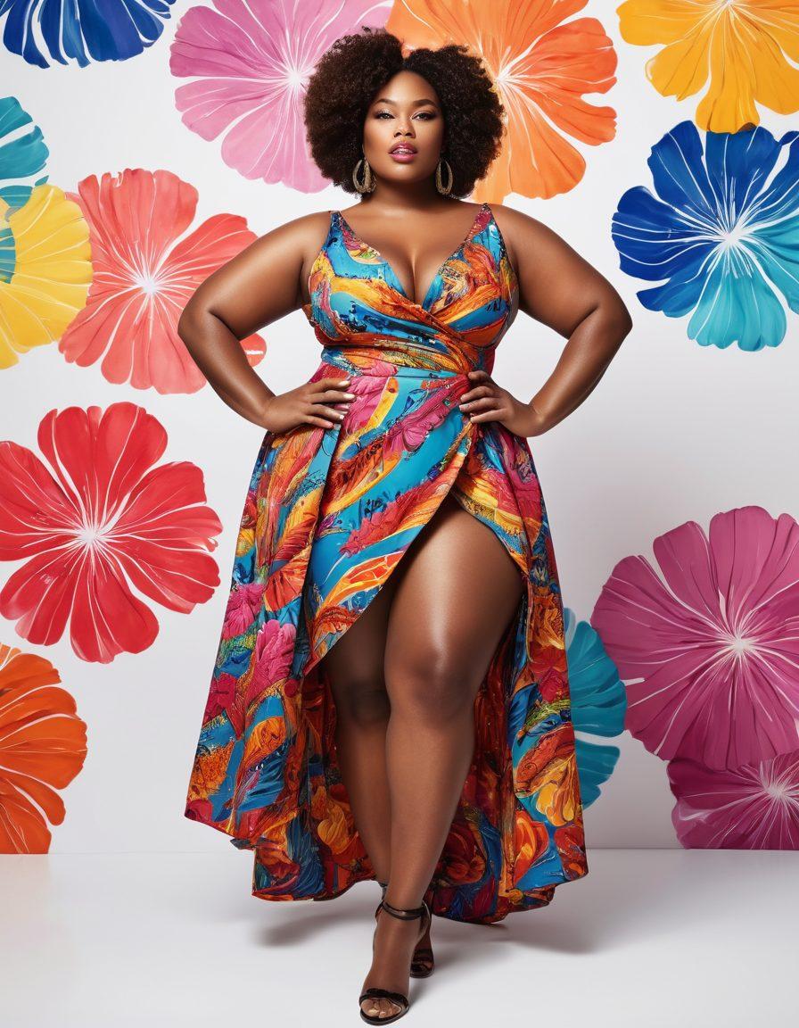 A confident plus-size woman wearing a bold, seductive outfit that highlights her curves, surrounded by diverse silhouettes of women celebrating their bodies in a vibrant, colorful backdrop. Include elements of glam, such as luxurious fabrics and playful patterns, with a sense of empowerment and joy radiating through the image. Emphasize femininity and body positivity in a creative manner. super-realistic. vibrant colors. white background.